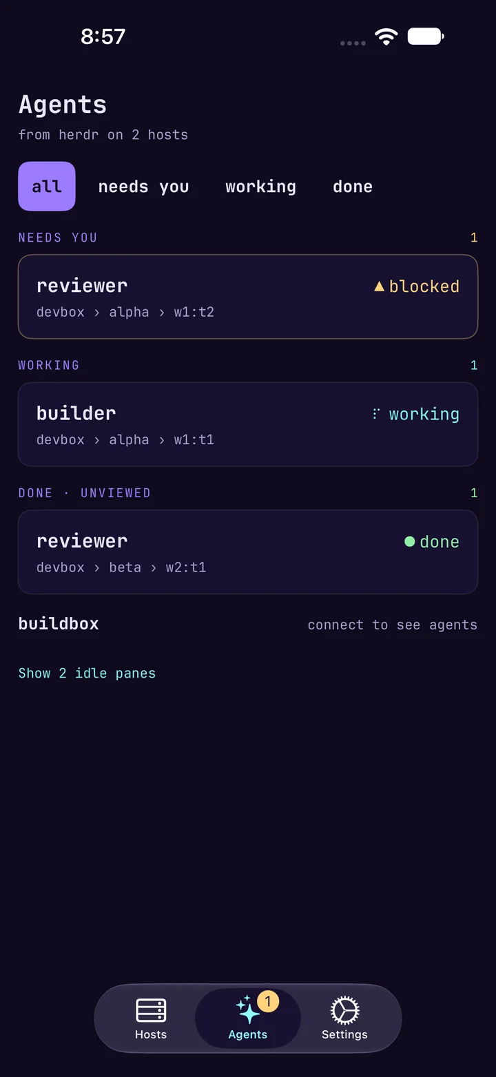 Agents screen grouped by needs you, working and done.