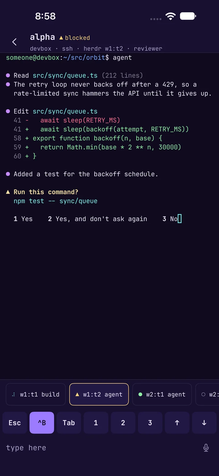 A session on alpha: the agent fixed a retry loop and asks whether to run the tests.