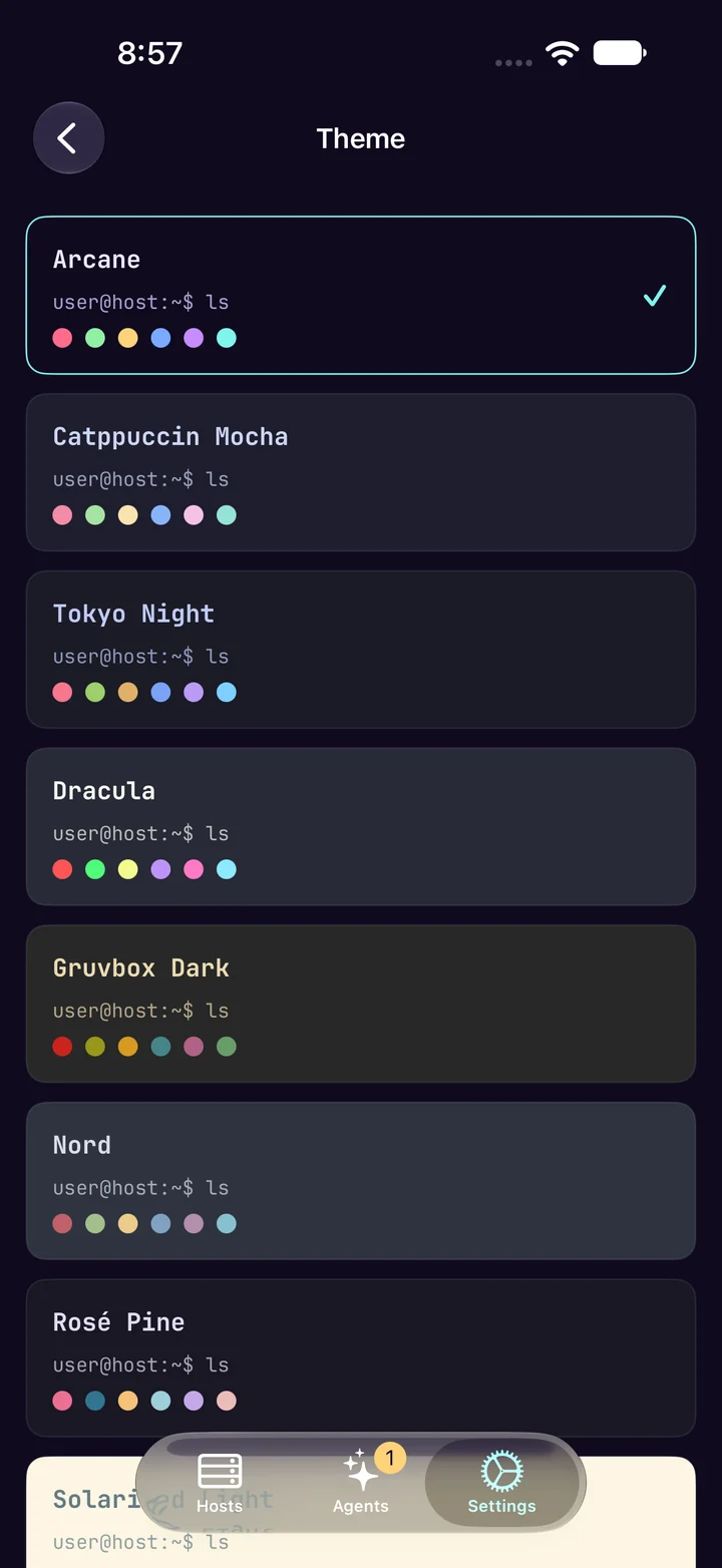 Theme picker with Arcane, Catppuccin Mocha, Tokyo Night, Dracula, Gruvbox and Nord.