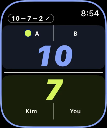 Apple Watch at 10 to 7, outlined for game point.