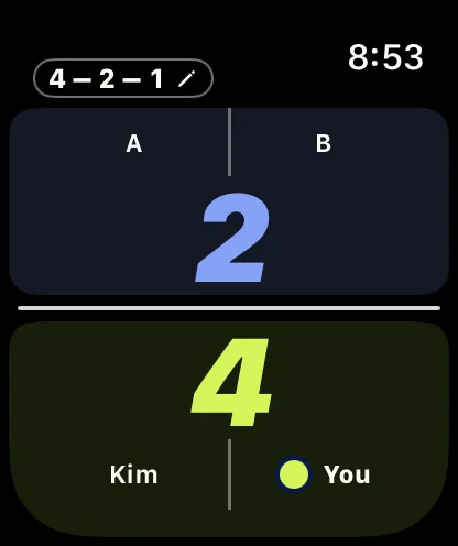 Apple Watch scoring a game at 4 to 2, with the server marked.